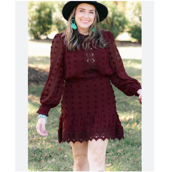LULUS Lust or Love Wine Red Embroidered Lace Long Sleeve Mini Dress - Picture 5 of 15